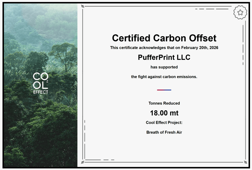 PufferPrint Carbon Offset  Certificate - January 2026