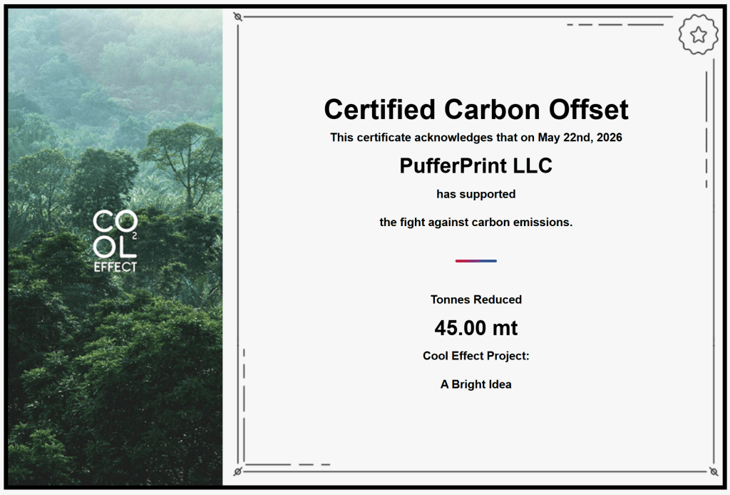 PufferPrint Carbon Offset Certificate - March 2026