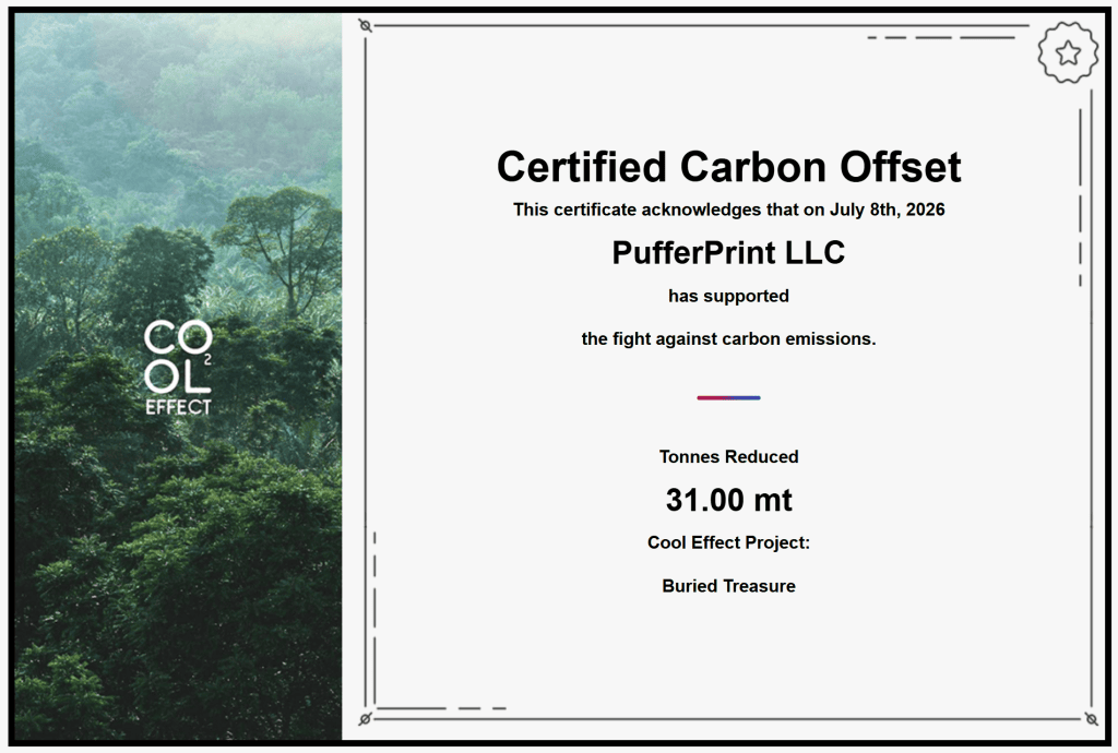 PufferPrint Carbon Offset Certificate - April 2026